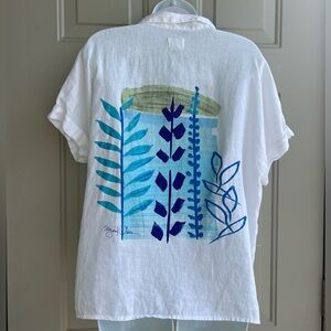 Sigrid Olsen 100% Linen Short Sleeve Shirt M Artistic Plant Print Boho Resort
